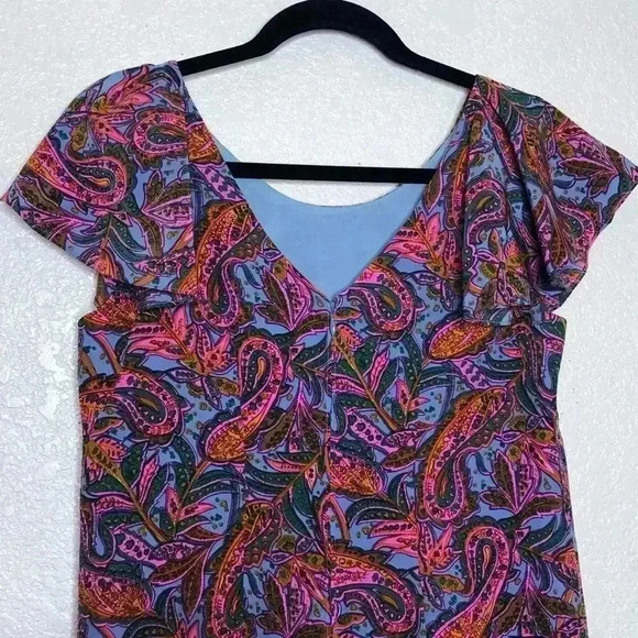 J. Crew Silk Dress Paisley Vibrant Pink Blue Ruffle Sleeves Short Mini - Picture 9 of 11